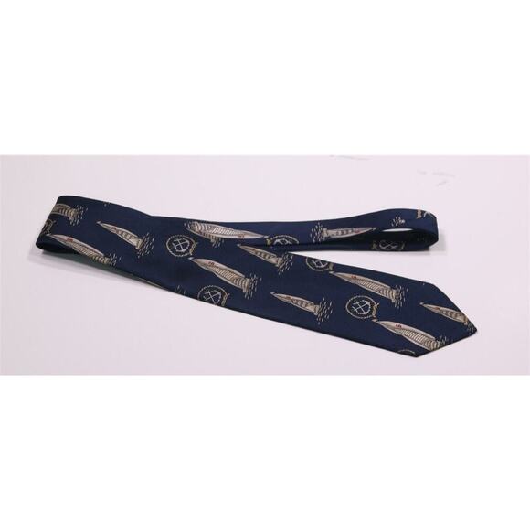 J. Press Navy Blue Sailboat Theme Jacquard Silk Necktie Tie - Picture 2 of 6